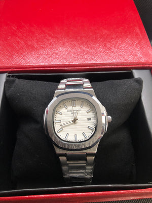 Patek Philippe Luxury Watch – White Dial with Silver Stainless Steel Strap | FREE GIFT BOX 🎁
